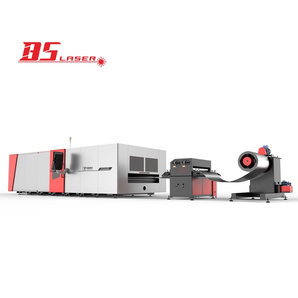 Máquina de corte a laser de fibra de aço de bobina laminada de metal de cobertura completa de produção em lote com desbobinador/nivelador automático