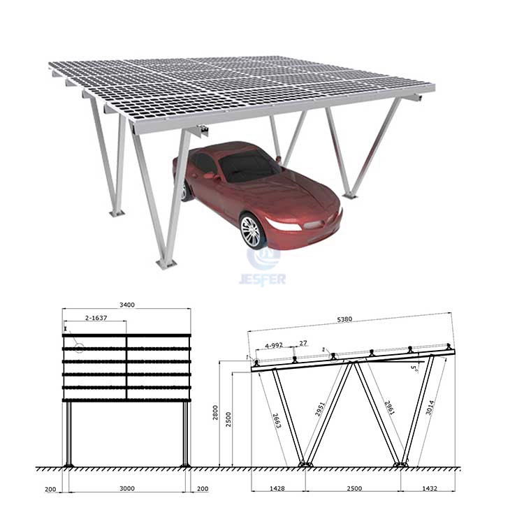 Estruturas de coberturas de garagem solar fotovoltaica de material de alumínio para dois carros