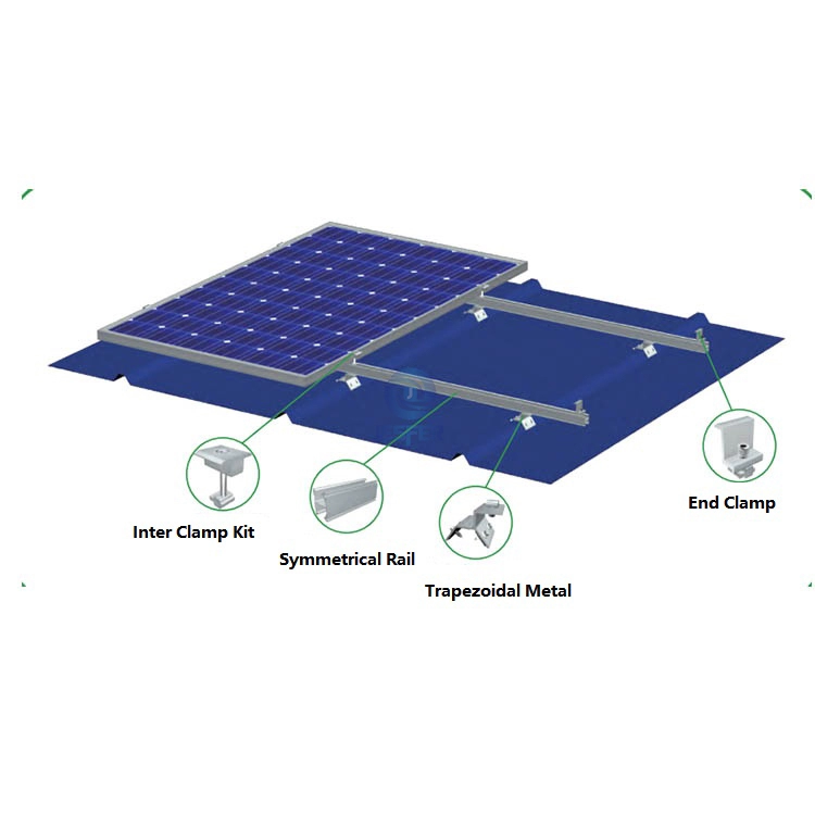 Sistema de montagem solar com braçadeira de telhado de metal trapezoidal
