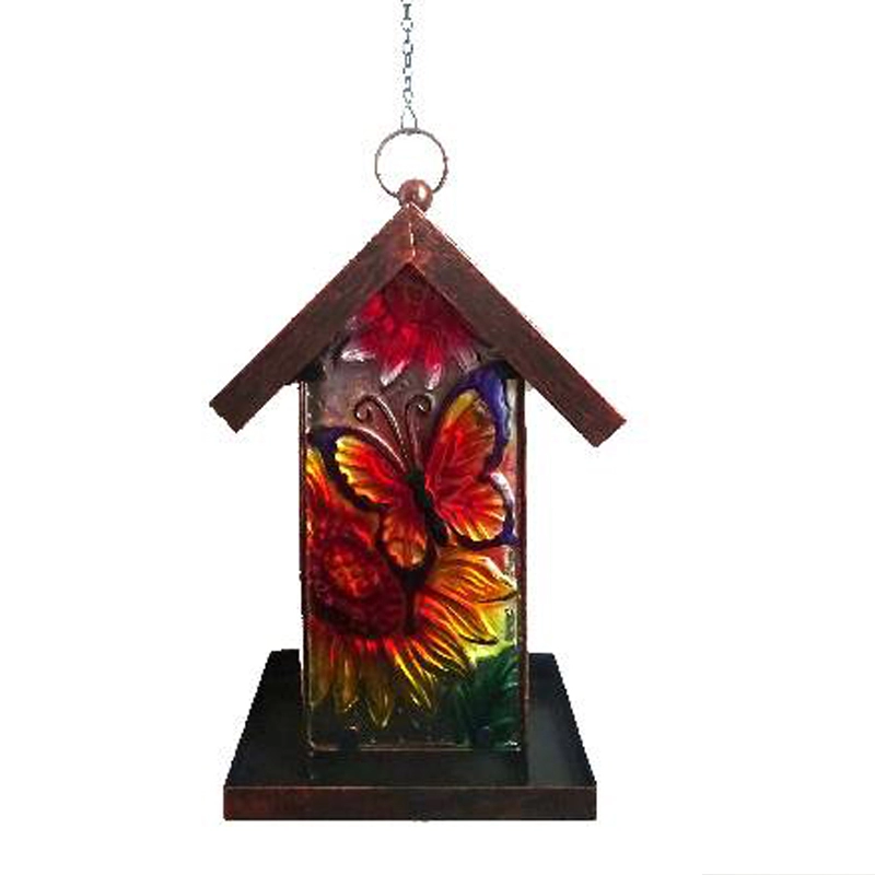 Alimentador de pássaros solar com vitral e metal para decoração de jardim suspenso