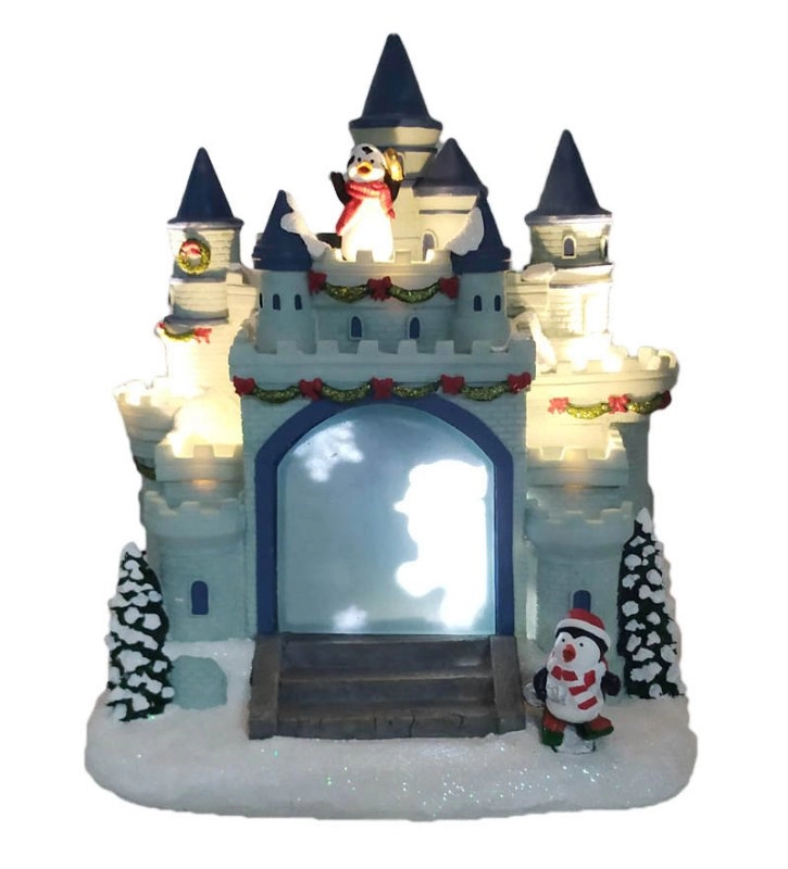 Castelo do pinguim de Natal LED com pinguim correndo ao redor do castelo