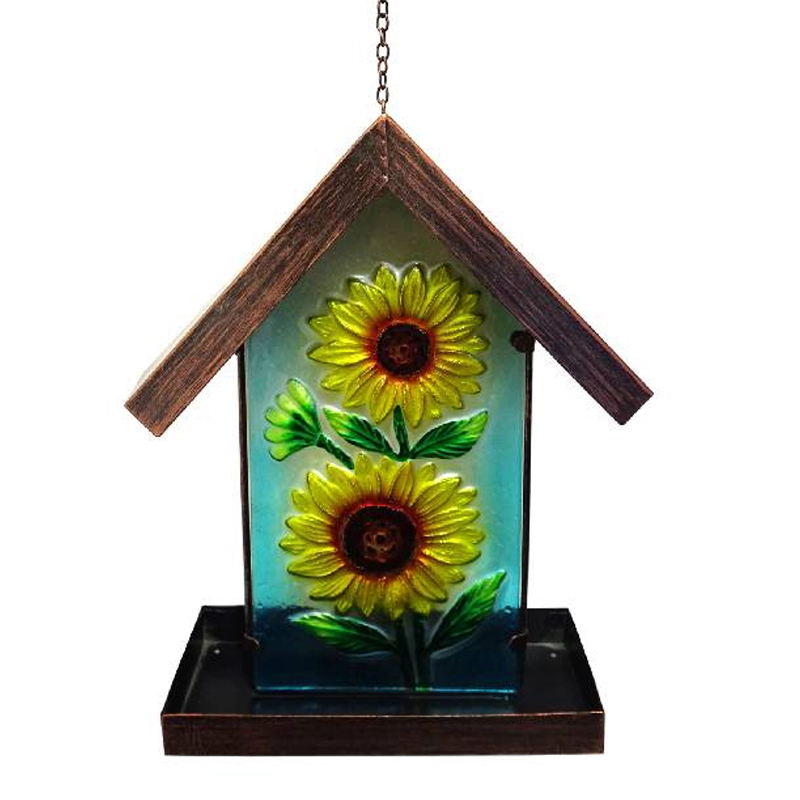 Lindo alimentador de pássaros solar com luz, casa de girassol, alimentador de pássaros pendurado no jardim