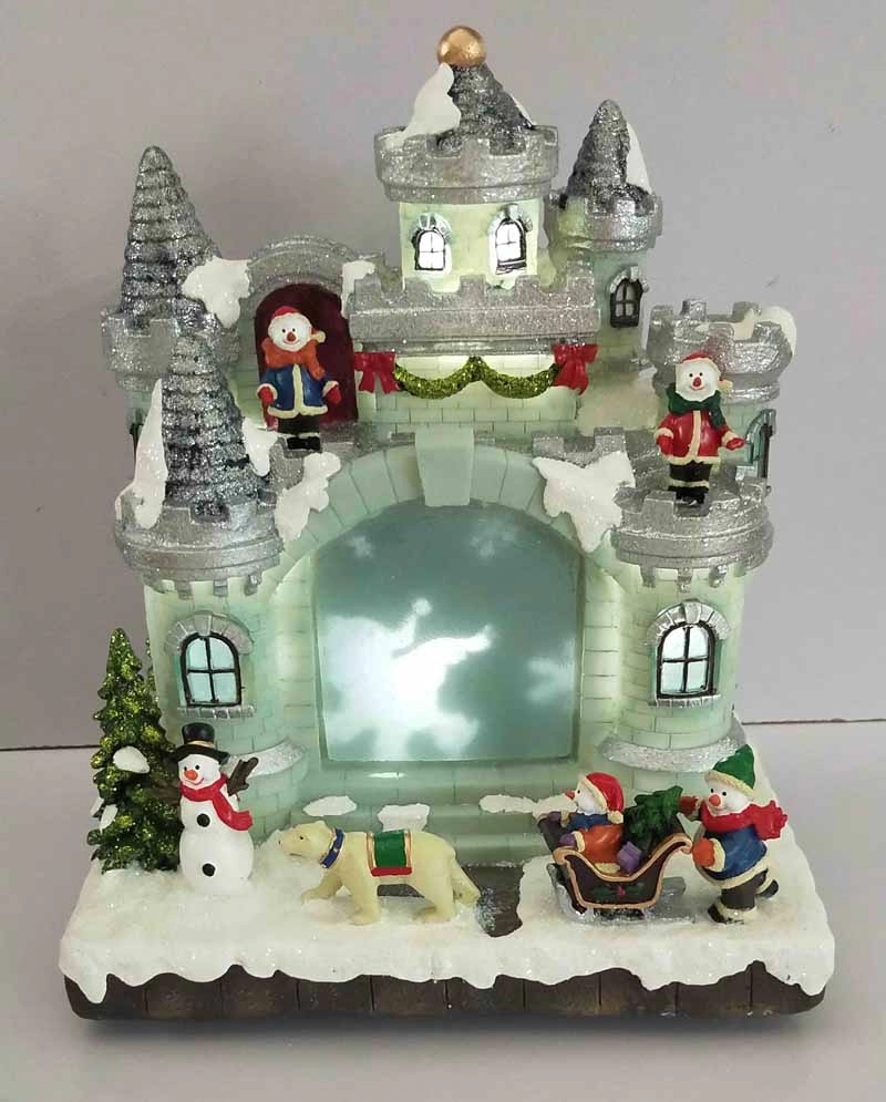 Castelo do boneco de neve de Natal LED com boneco de neve correndo ao redor do castelo