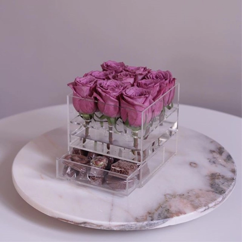 Caixa de flores de acrílico de luxo personalizada com gaveta