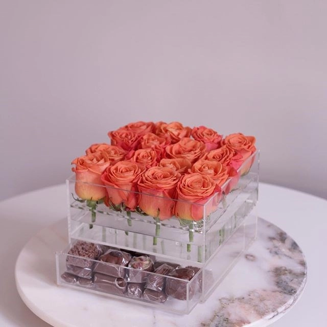 Caixa de flores de acrílico de luxo personalizada com gaveta