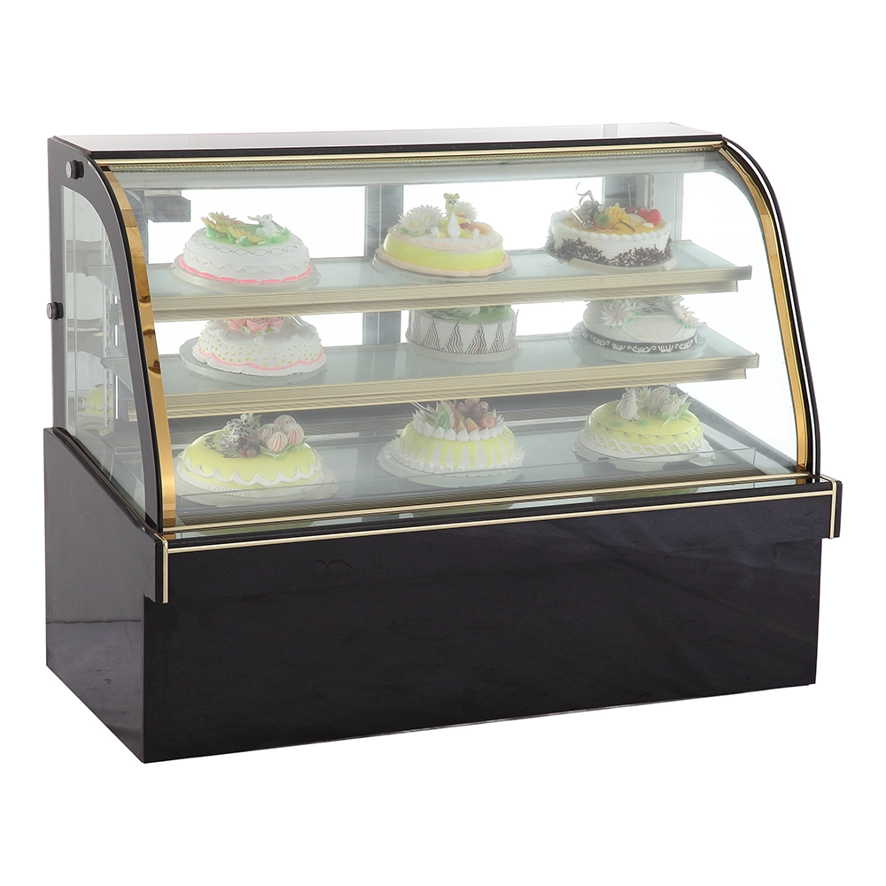 Expositor de vidro para bolo comercial com refrigeração de ar curvado horizontal de segurança