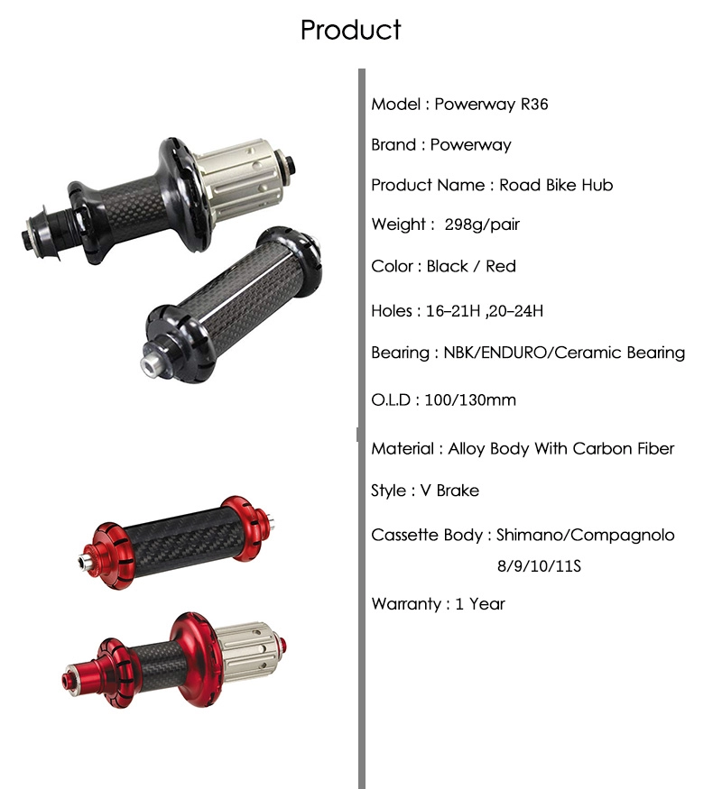 Cubos de carbono Powerway R36 para bicicletas de estrada