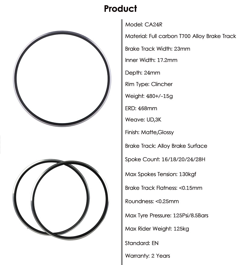 Aros de liga de carbono para bicicleta de estrada com 23 mm de largura e 24 mm de profundidade T700 Aro sem câmara clincher