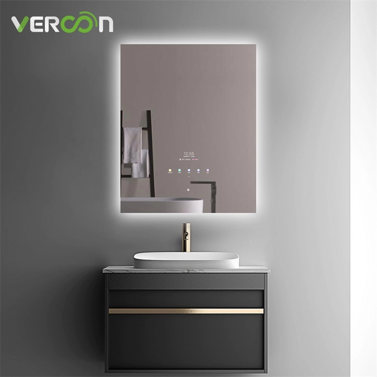 Espelho de banheiro inteligente iluminado por LED retangular ultra fino