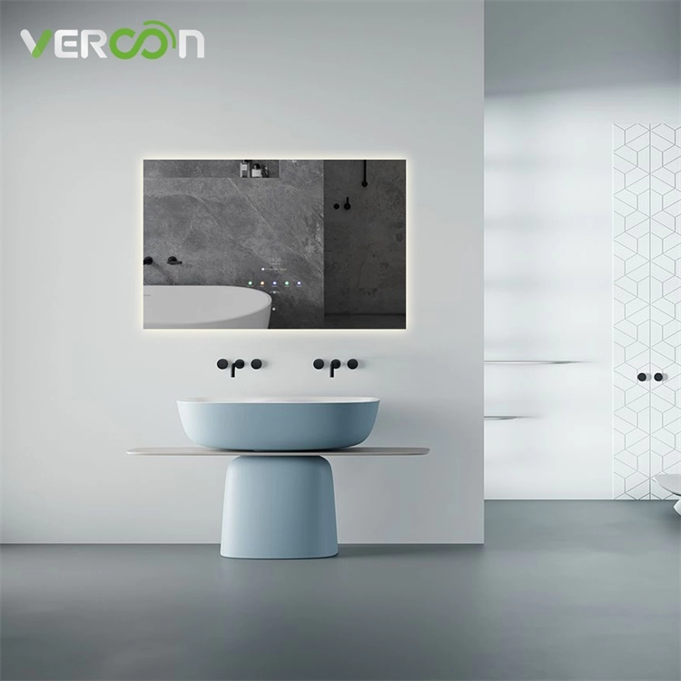 Espelho de exibição de tempo retangular para banheiro personalizado desembaçador de LED retroiluminado espelho inteligente