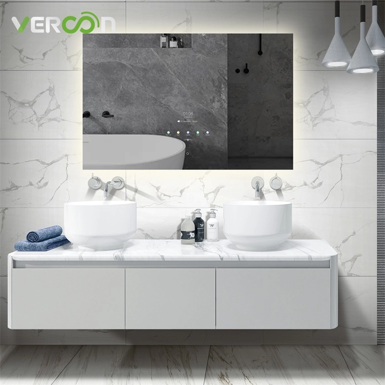 Espelho de banheiro inteligente com tela sensível ao toque com luz de fundo inteligente montagem em parede luz led moldura de alumínio maquiagem