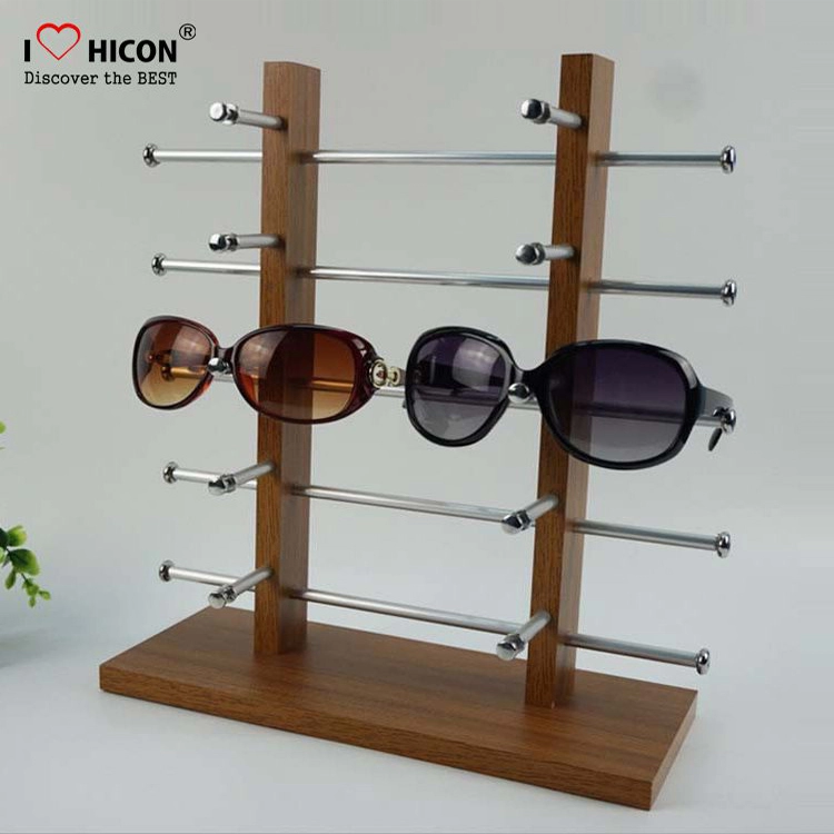 Suporte de exibição de óculos de sol personalizado de madeira marrom de 5 camadas para venda