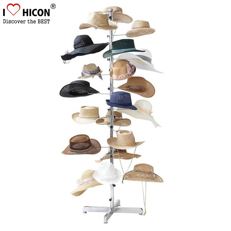 Expositor de chapéu de chão de metal personalizado casual prateado de 4 lados