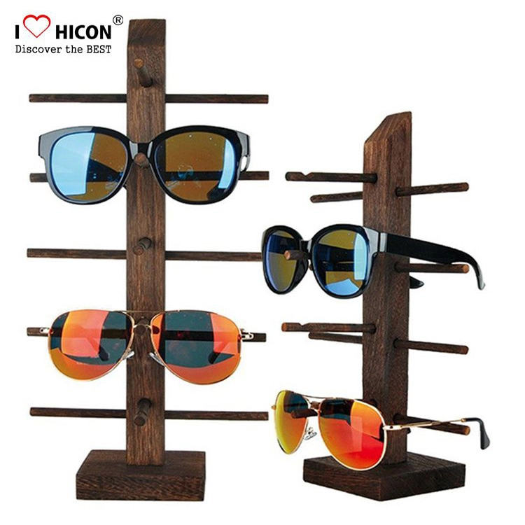 Suporte de exibição de óculos de sol personalizado de madeira marrom de 5 camadas para venda