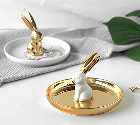 Suporte de prato de cerâmica anel de coelho dourado para joias brincos colares bandeja