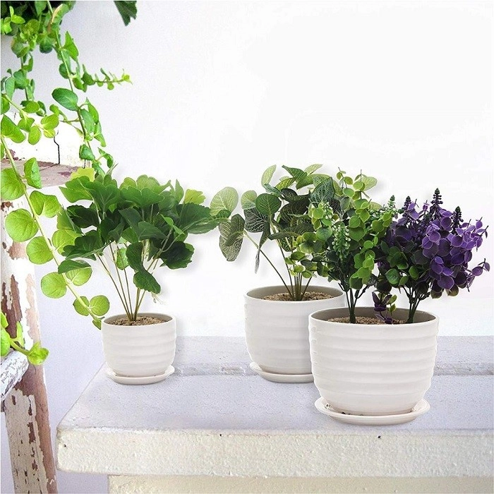 Vasos de flores de jardim de cerâmica branca com vidro redondo interior com pires conjunto de 3