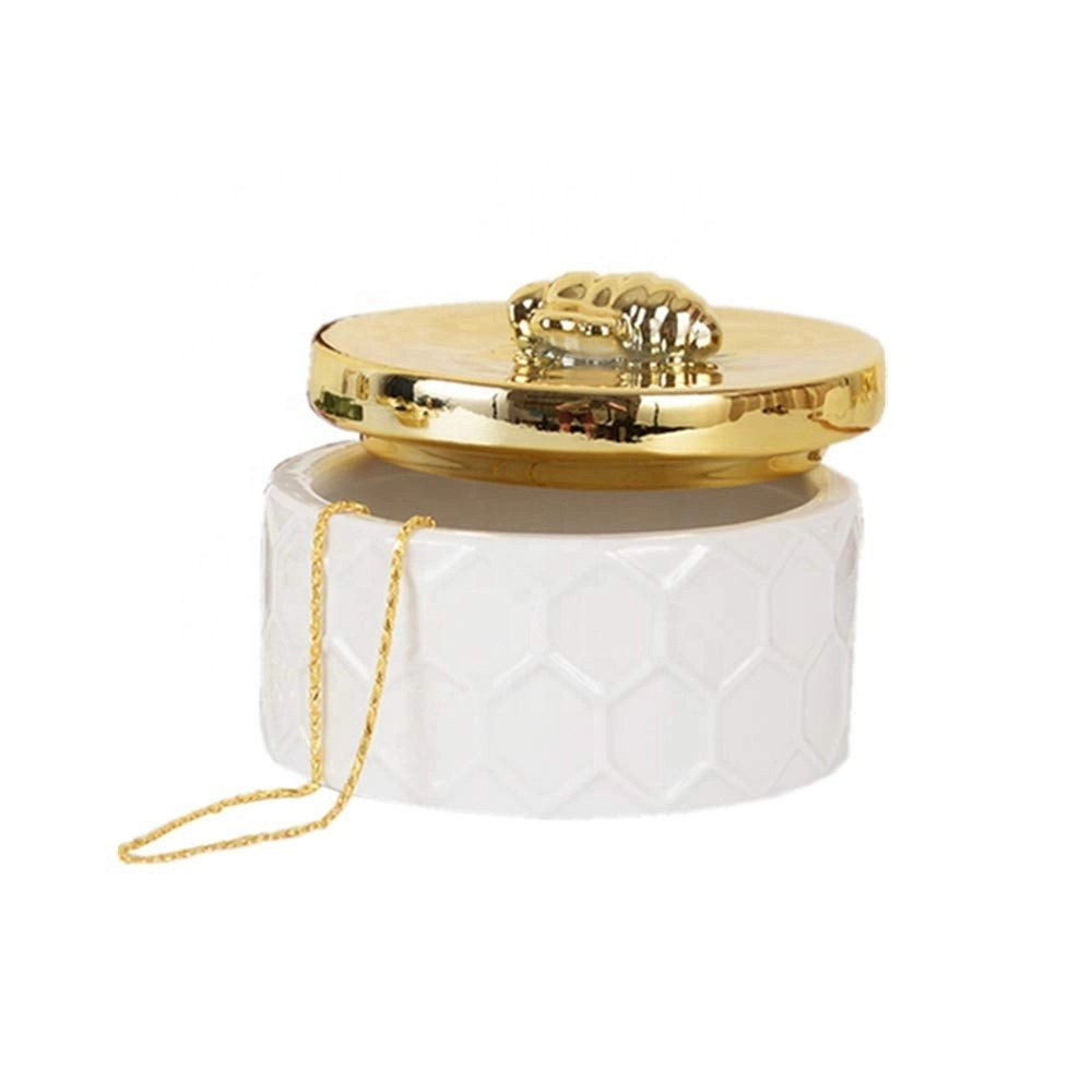 Caixa de joias de cerâmica artesanal com tampa de abelha dourada