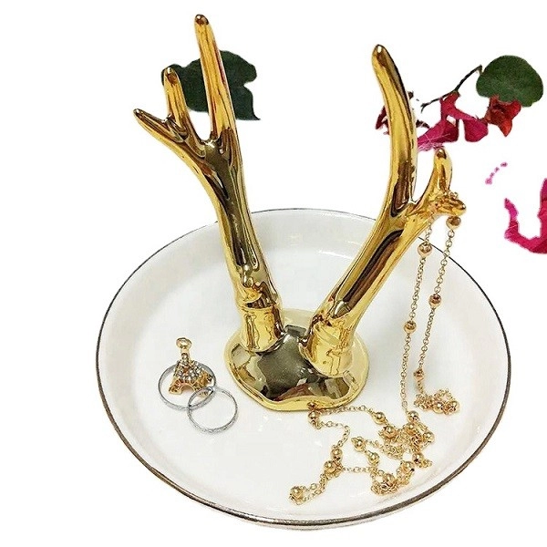 Suporte de anel de cerâmica dourado, bandeja organizadora de joias artesanal, prato de bugigangas