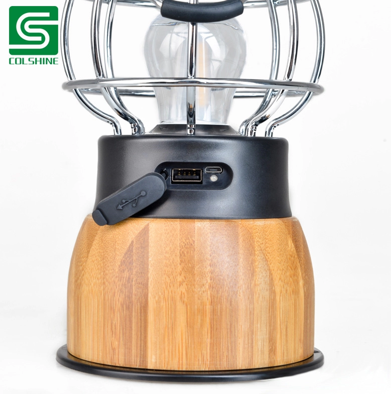 Candeeiro de mesa lanterna de acampamento de bambu com banco de energia USB