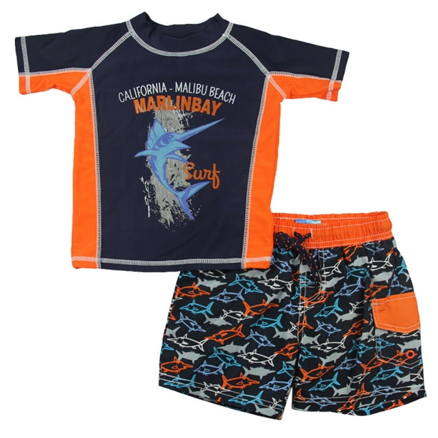 Shorts de natação e protetor de erupção de peixe marinho e laranja