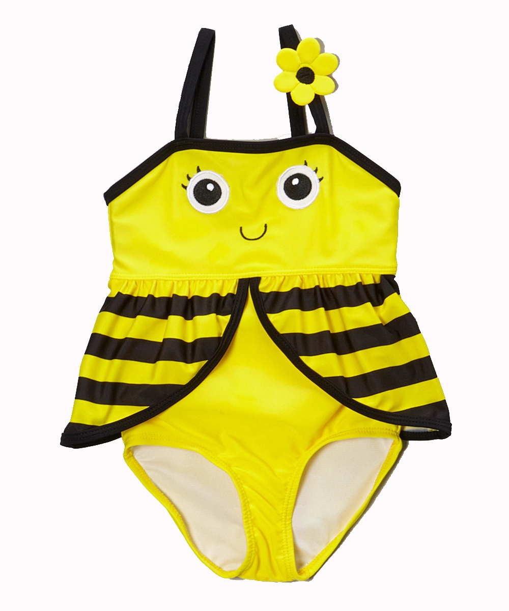 Fatos de banho de uma peça de menina com tiras de abelhas fofas amarelas