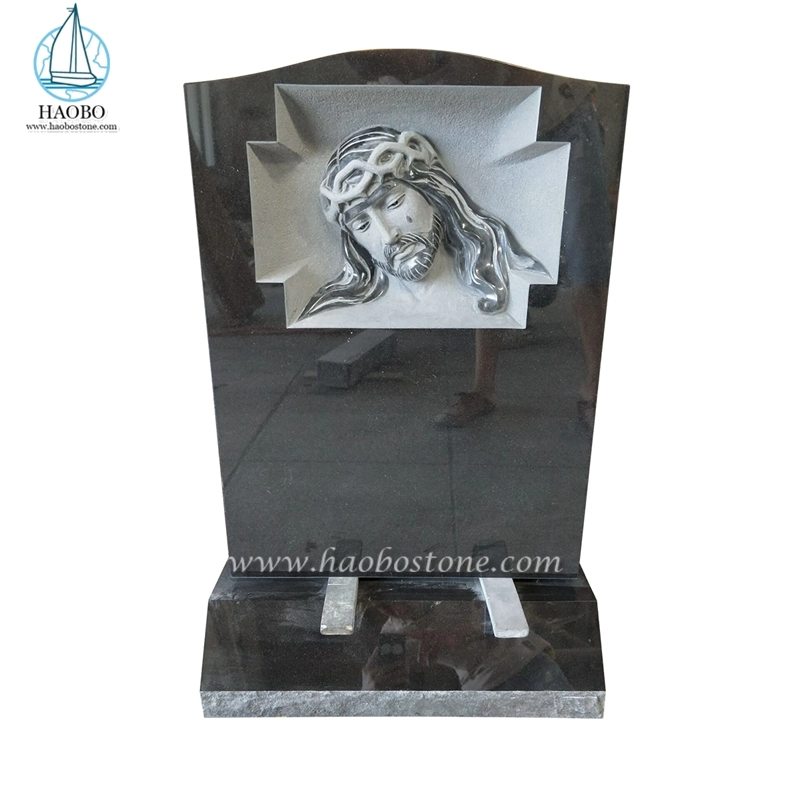 Lápide memorial gravada em granito preto Jesus chorando