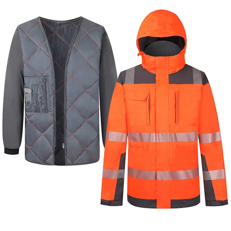 Jaqueta de alta visibilidade masculina laranja 2 em 1 refletiva para construção de segurança