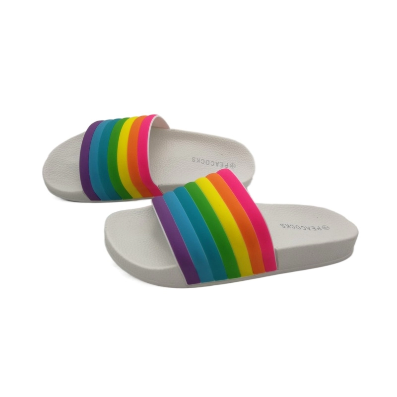 Pantufas femininas plataforma em EVA com listras arco-íris