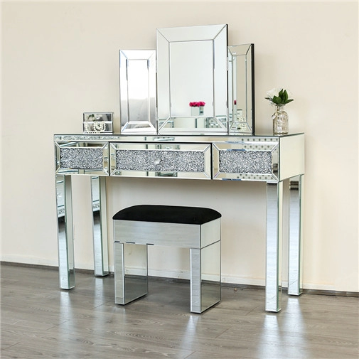 Mesa de console de espelho de quarto de cristal com espelho de penteadeira