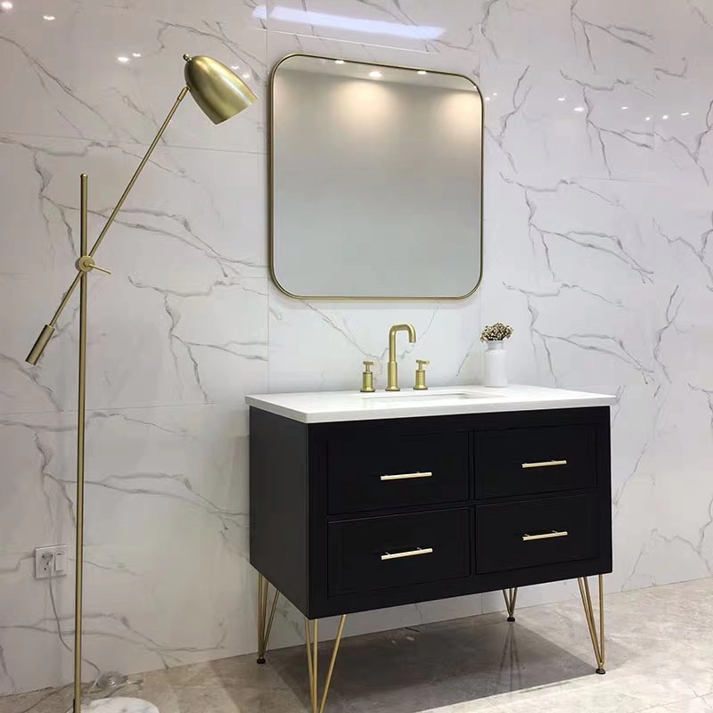 Espelho de parede de banheiro quadrado de metal dourado