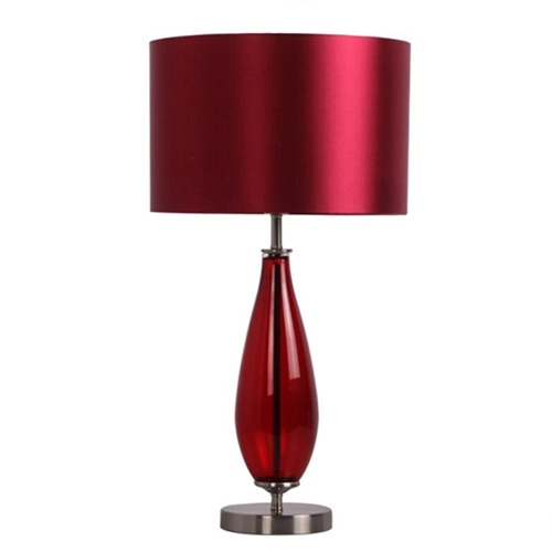 Candeeiro de mesa de vidro rubi vintage de cabeceira com sombra de tecido vermelho