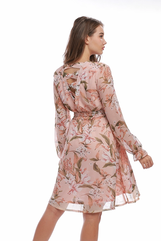Vestidos femininos florais de tecido de chiffon rosa com decote em V