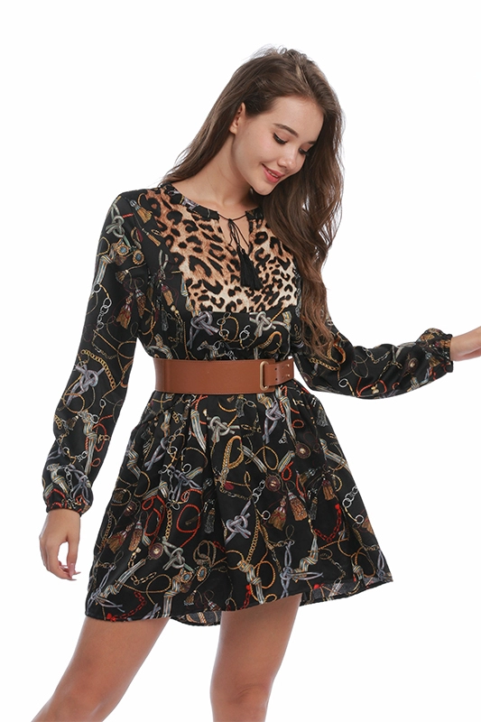 Alta qualidade personalizado cetim solto preto sexy estampa de leopardo moda vestido túnica roupas femininas roupas femininas