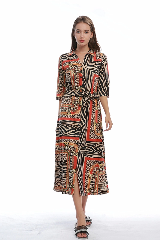 Outono mangas compridas decote virada para baixo animal estampa de leopardo vestido feminino casual feminino elegante camisa
