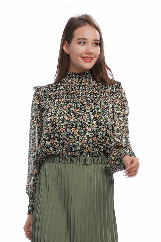 Blusa elegante floral com babados chiffon feminina manga longa blusa chinesa fábrica