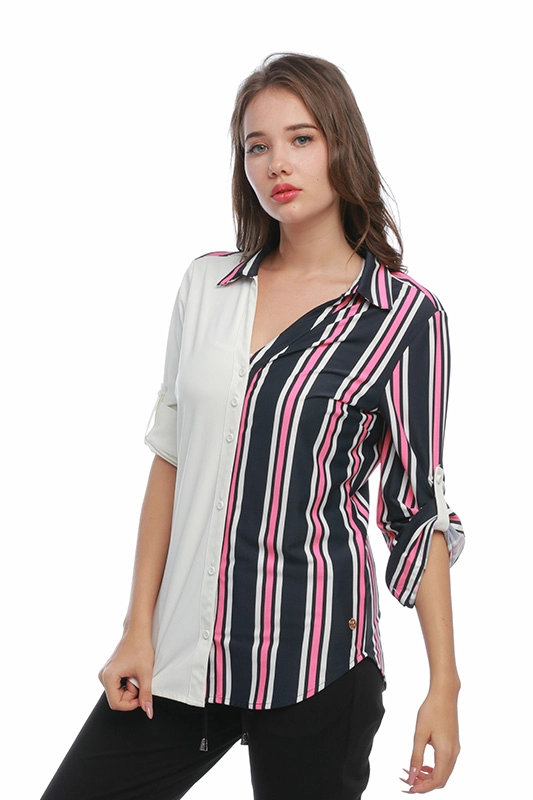 Camisa feminina casual elegante listrada mistura de poliamida sólida