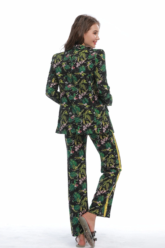 Ternos casuais finos com estampa floral verde blazers retos elásticos cintura fita lateral calças estampadas conjunto de terno de duas peças