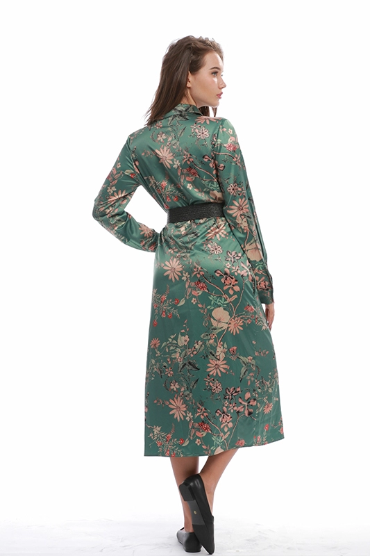 Vestido túnica feminina casual elegante vintage floral cetim meia panturrilha manga longa com cinto