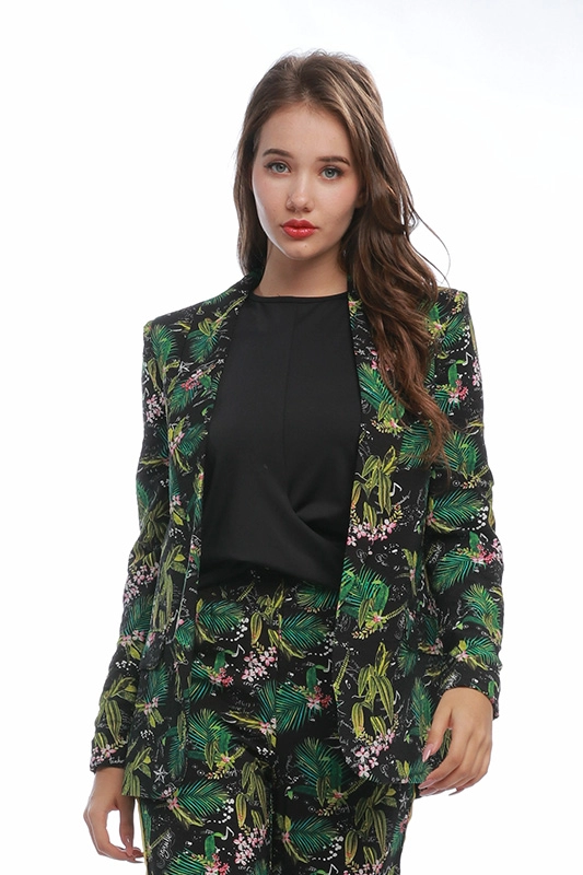 Blazers femininos de alta qualidade manga longa fina estampa verde floral tricô feminino