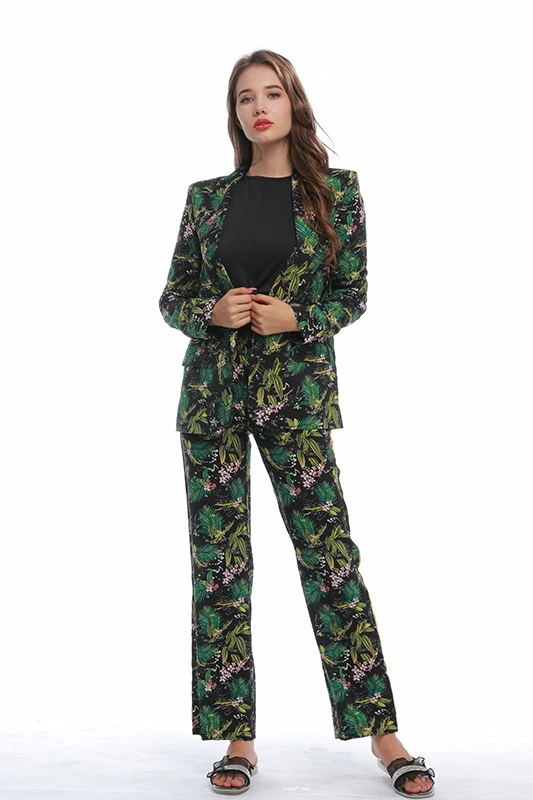 Ternos casuais finos com estampa floral verde blazers retos elásticos cintura fita lateral calças estampadas conjunto de terno de duas peças