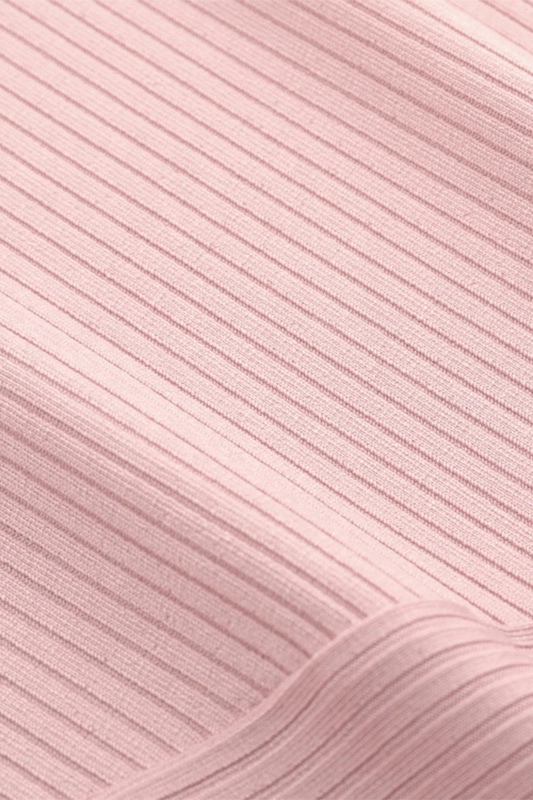 Suéter feminino de malha canelada rosa outono manga longa leve e justo com gola falsa
