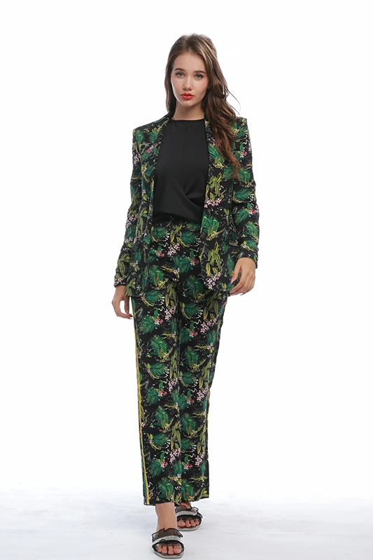 Ternos casuais finos com estampa floral verde blazers retos elásticos cintura fita lateral calças estampadas conjunto de terno de duas peças