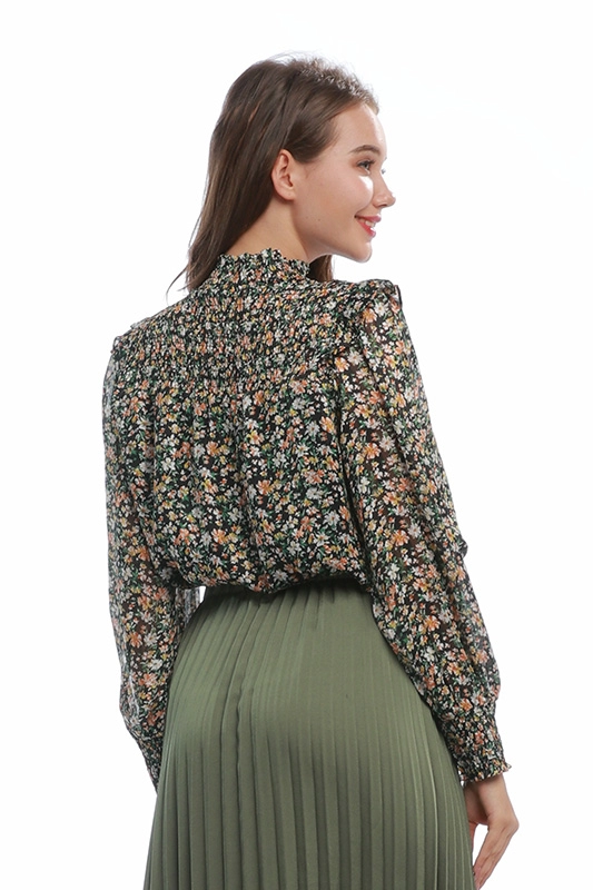 Blusa elegante floral com babados chiffon feminina manga longa blusa chinesa fábrica