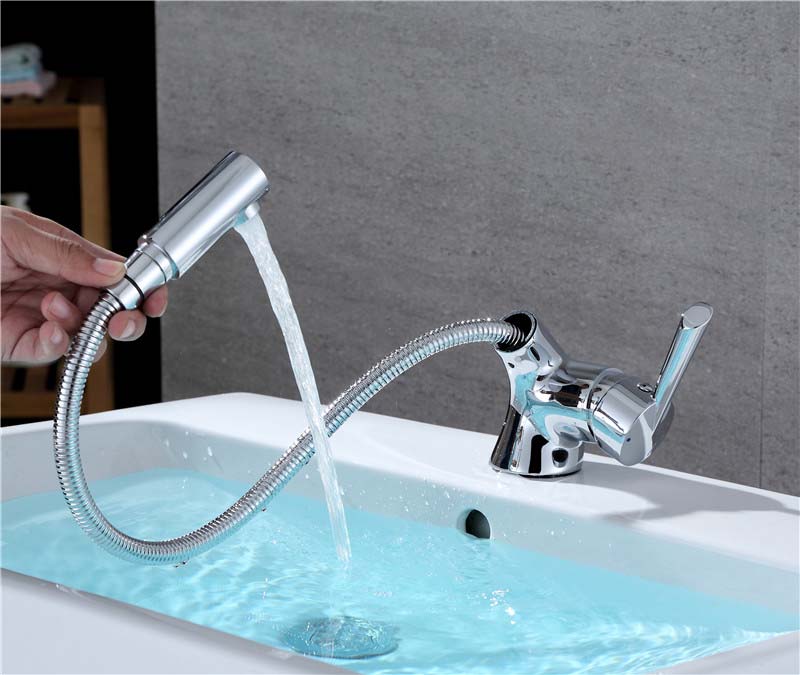 Chrome pull-out bathroom basin faucet