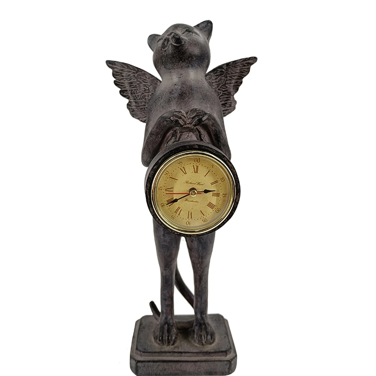 Relógio de mesa de quartzo com estatueta de gato anjo preto retrô