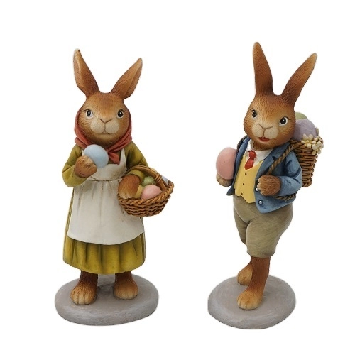 Estatuetas de casal de coelhinhos para decoração de Páscoa em resina