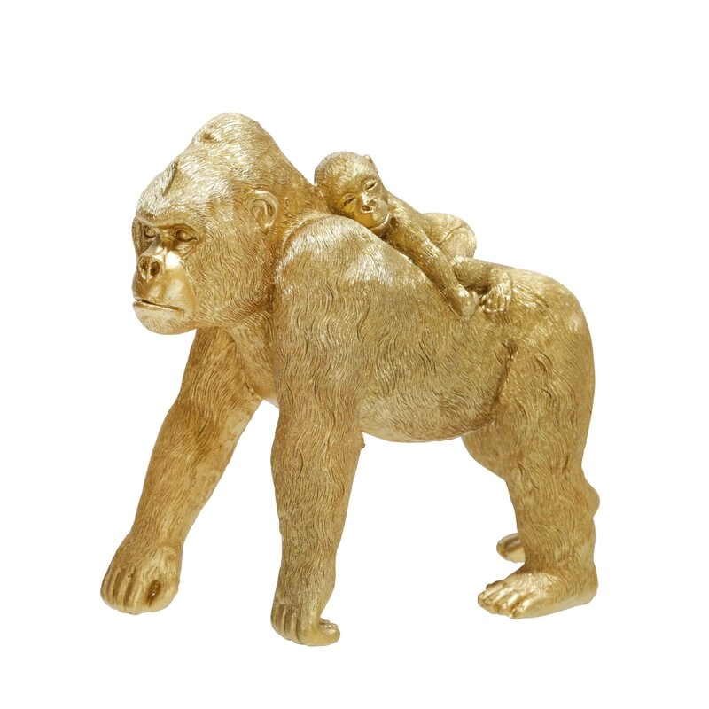 Estatueta de resina dourada gorila mãe e bebê nas costas