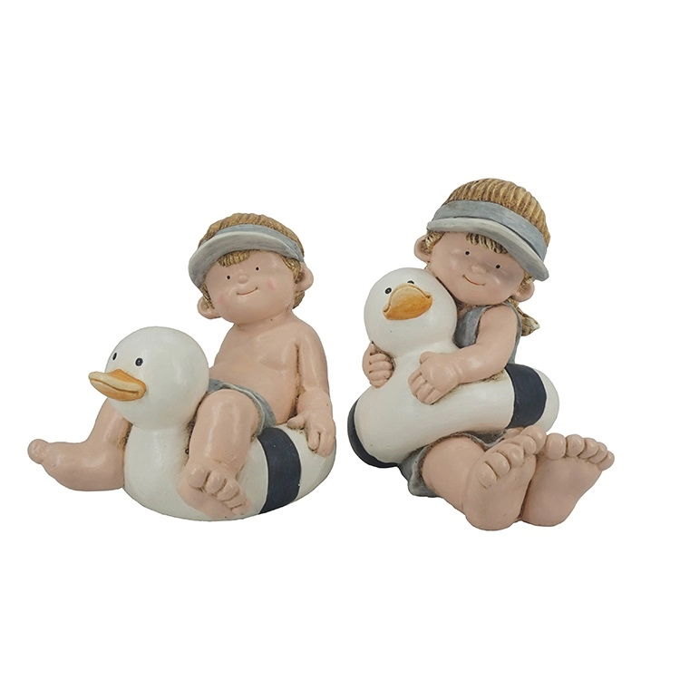 Estatuetas de decoração de jardim MGO menino menina com bóia de pato