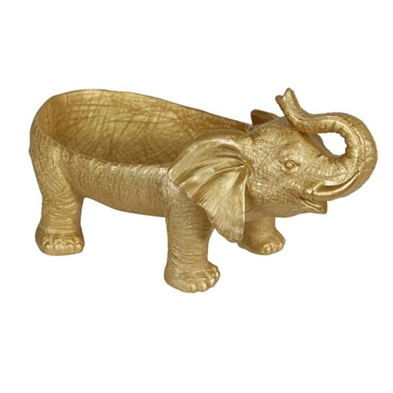 Tigela Decorativa de Resina com Corpo de Elefante Trompetista, Dourado