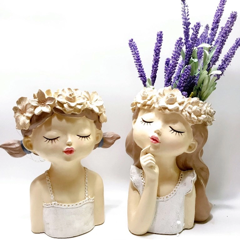 Vaso de planta de busto de menina de desenho animado de resina para decoração de casa e jardim